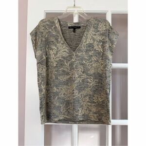 White House Black Market Gold Sheer Floral Print Short Cap Sleeves V-Neck Blouse